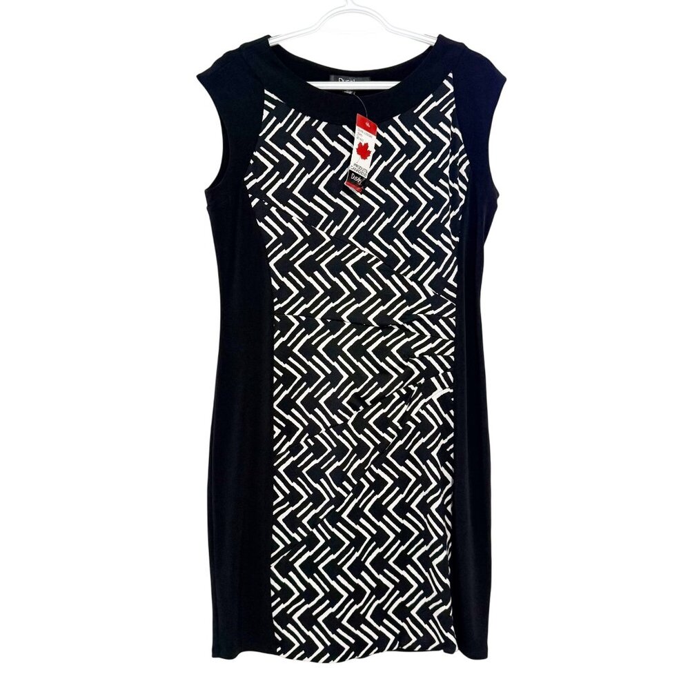 NEW Dusak Designs Black & White Patterned Sleeveless Dress L Made In Canada
